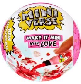 Runde Spielzeugverpackung mit Aufschrift Mini Verse: Make It Mini With Love, roten Verzierungen und Flüssigkeit.