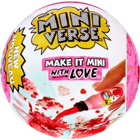 Runde Spielzeugverpackung mit Aufschrift Mini Verse: Make It Mini With Love, roten Verzierungen und Flüssigkeit.