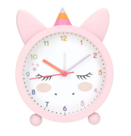 Rosa Wecker im Einhorn-Design mit geschlossenen Augen und buntem Horn oben.