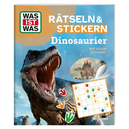 Kinder-Dinosaurier-Puzzle- und Stickerbuch mit großem T. rex und bunten Dino-Spuren auf dem Cover.