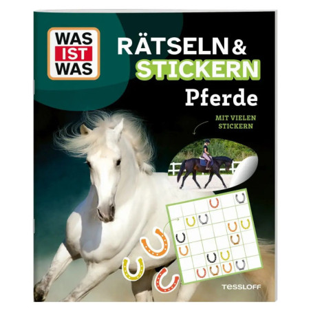 Buchcover mit weißem Pferd, Hufeisen und dem Titel Rätseln & Stickern Pferde von Tessloff.