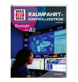 Buchcover: Eine Frau in der Raumfahrt-Kontrollzentrale, Bildschirme mit Astronauten und Raumstationsdaten.
