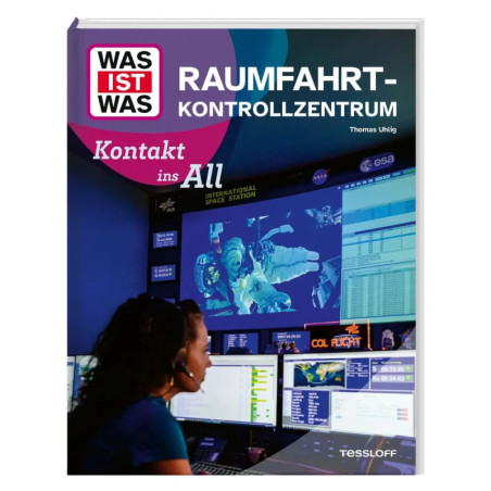 Buchcover: Eine Frau in der Raumfahrt-Kontrollzentrale, Bildschirme mit Astronauten und Raumstationsdaten.