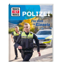 Buchcover: Zwei Polizisten rennen, im Hintergrund ein Polizeiauto. Deutscher Titel: Polizei.