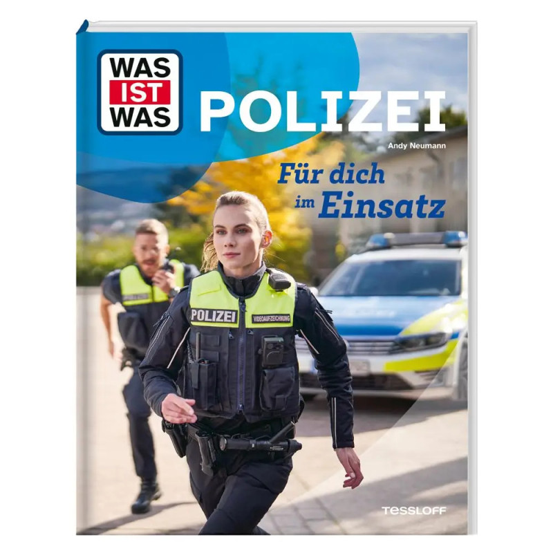 Buchcover: Zwei Polizisten rennen, im Hintergrund ein Polizeiauto. Deutscher Titel: Polizei.