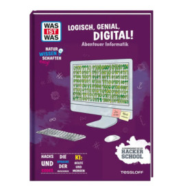 Lila Buchcover mit Computer und Binärcode, Titel: Logisch, Genial, Digital! (auf Deutsch).