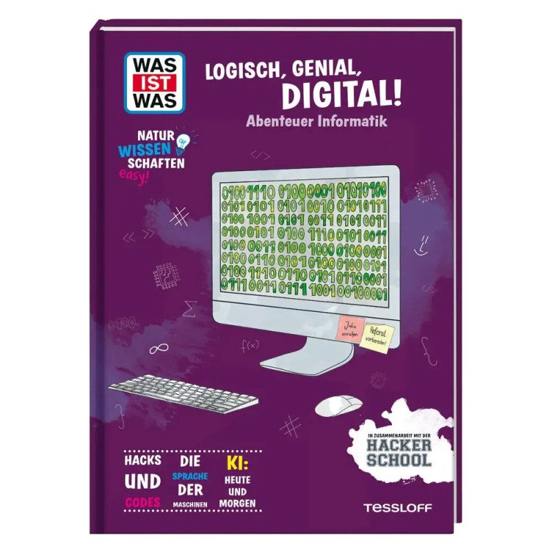 Lila Buchcover mit Computer und Binärcode, Titel: Logisch, Genial, Digital! (auf Deutsch).