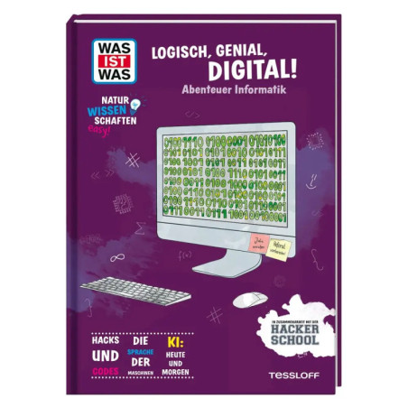 Lila Buchcover mit Computer und Binärcode, Titel: Logisch, Genial, Digital! (auf Deutsch).