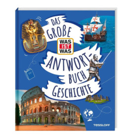 Buchcover mit historischen Bildern wie ägyptischer Maske, Segelschiffen, Ritter, Kolosseum und deutschem Geschichtstitel.