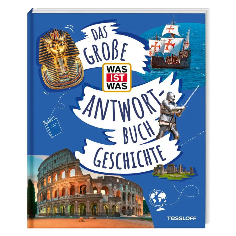 Buchcover mit historischen Bildern wie ägyptischer Maske, Segelschiffen, Ritter, Kolosseum und deutschem Geschichtstitel.