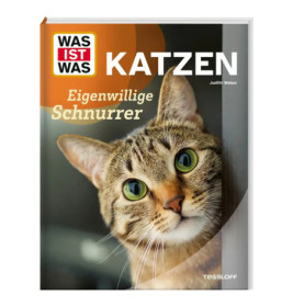 Buchcover mit Nahaufnahme eines getigerten Katzengesichts und dem deutschen Titel Was ist was Katzen.