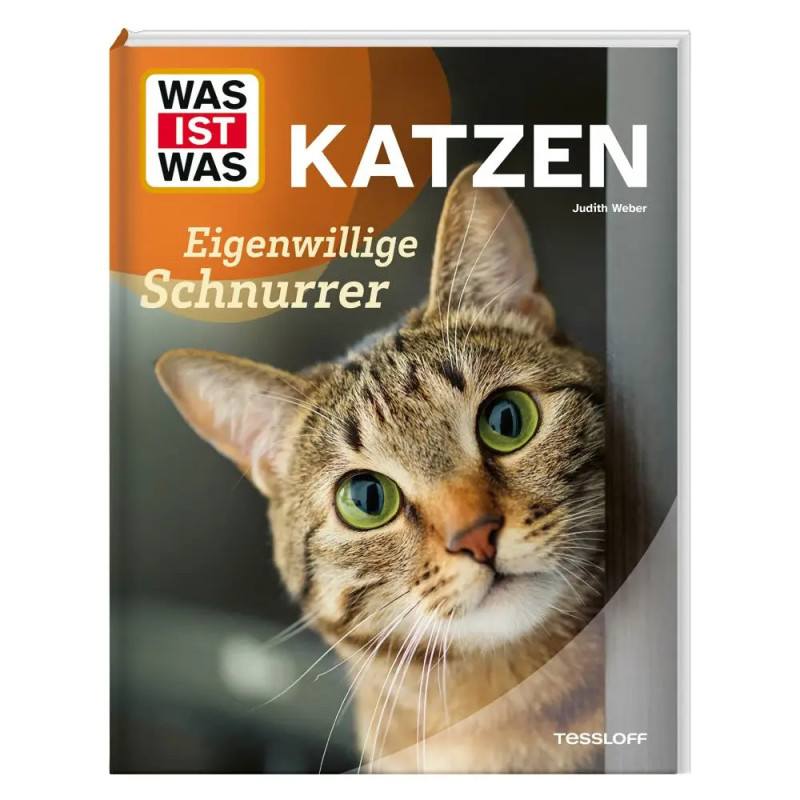 Buchcover mit Nahaufnahme eines getigerten Katzengesichts und dem deutschen Titel Was ist was Katzen.