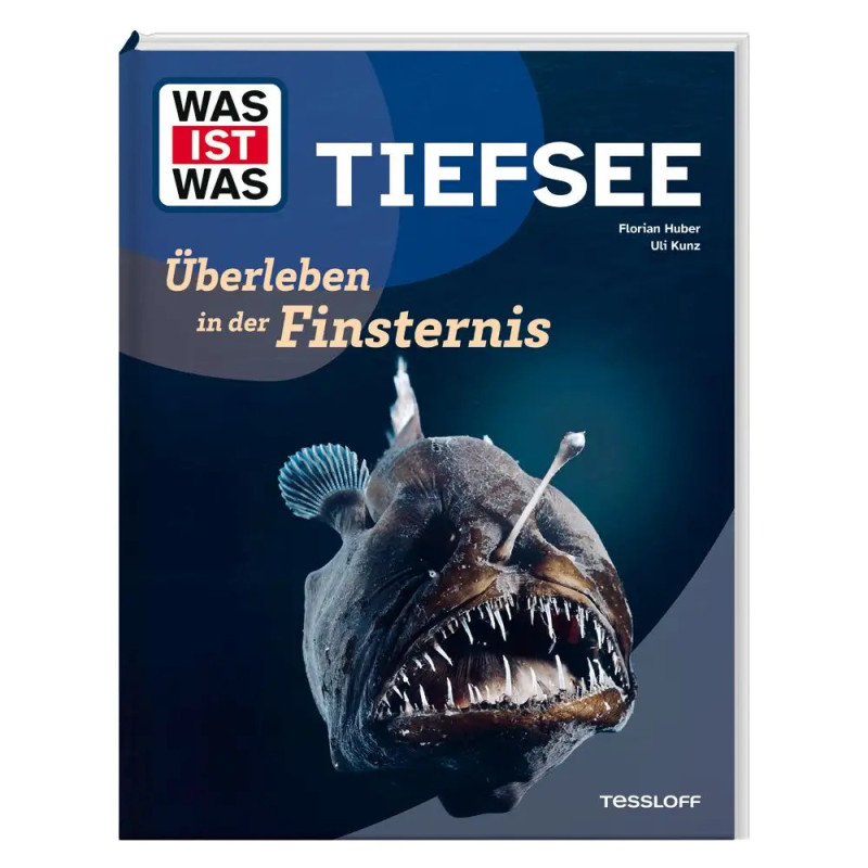 Buchcover mit Anglerfisch und dem Titel Tiefsee: Überleben in der Finsternis auf dunkelblauem Hintergrund.