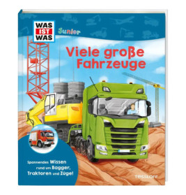Deutsches Kinderbuchcover mit grünem Laster, gelbem Bagger und Kränen auf einer Baustelle.