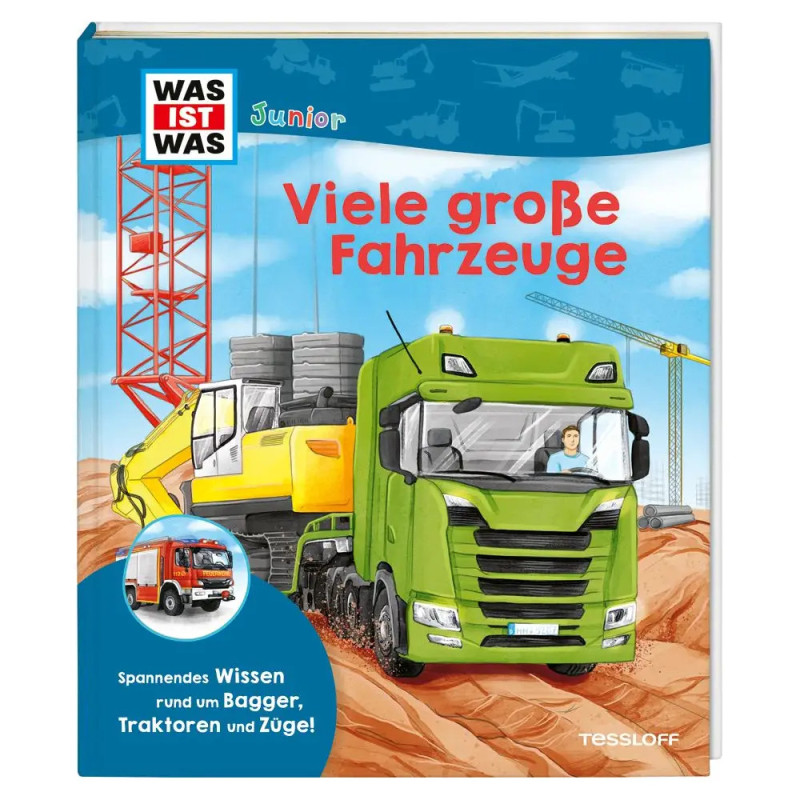 Deutsches Kinderbuchcover mit grünem Laster, gelbem Bagger und Kränen auf einer Baustelle.