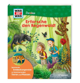 Buchcover: Kinder erforschen mit Tieren und Pflanzen einen Regenwald. Titel: Erforsche den Regenwald!.