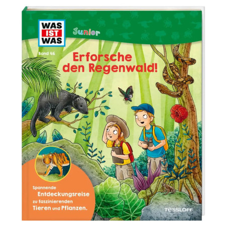 Buchcover: Kinder erforschen mit Tieren und Pflanzen einen Regenwald. Titel: Erforsche den Regenwald!.