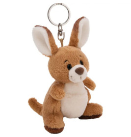 Känguru-Schlüsselanhänger aus Plüsch, braunes Fell, weißer Bauch, große Ohren, sitzt aufrecht.