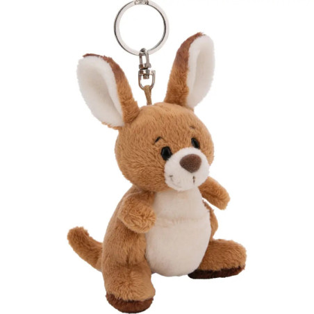Känguru-Schlüsselanhänger aus Plüsch, braunes Fell, weißer Bauch, große Ohren, sitzt aufrecht.