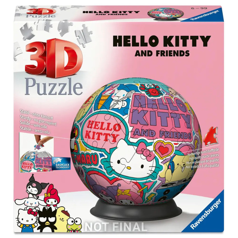 3D-Puzzle-Kugel mit Hello Kitty und Freunden in buntem Design, präsentiert in Originalverpackung.