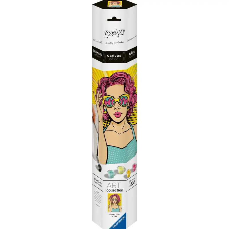 Tube mit Pop-Art-Illustration einer Frau mit pinken Haaren und Sonnenbrille, gefüllt mit Kunstbedarf.
