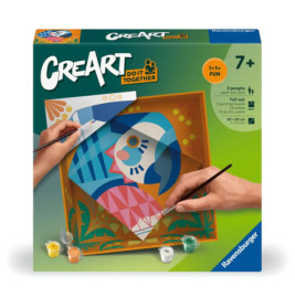 Eine CreArt-Malset-Box zeigt Hände, die mit Pinseln und Farbtöpfen ein abstraktes, farbenfrohes Porträt malen.