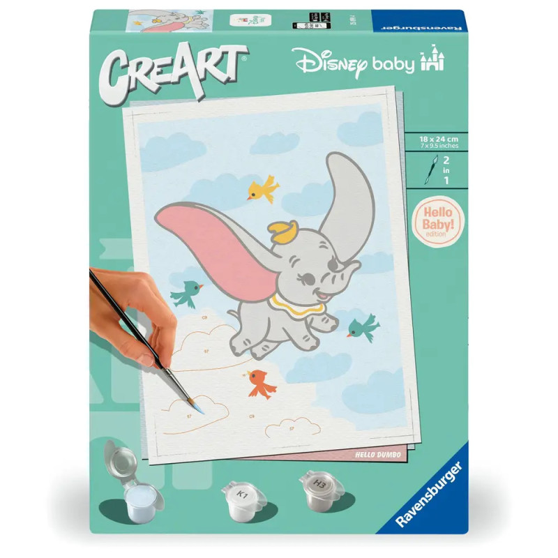 CreArt Disney Baby Malset mit fliegendem Dumbo und Vögeln, darunter Malzubehör.