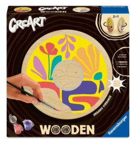 Hand bemalt ein farbenfrohes, abstraktes Blumenmotiv auf rundem Holzbrett, Malset von Ravensburger.