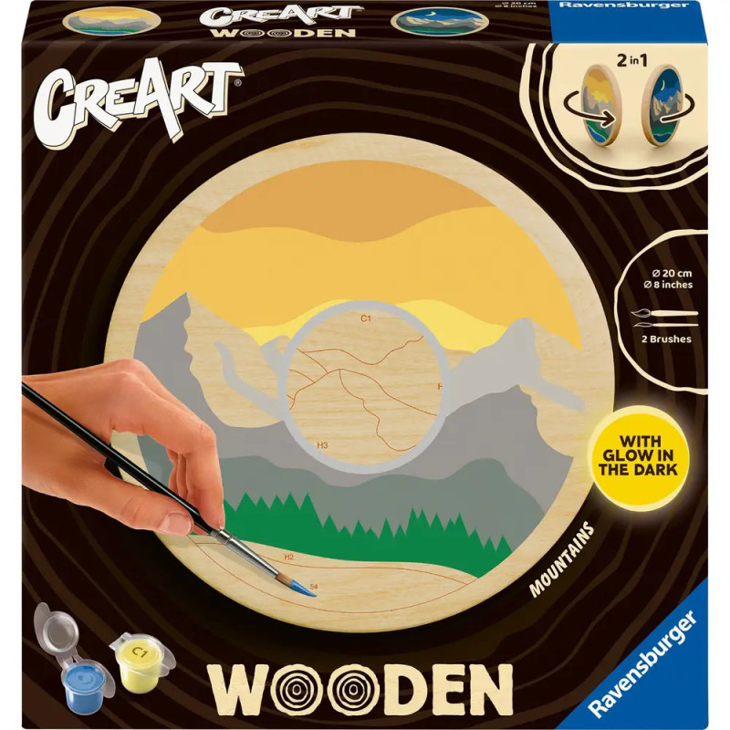 Malen-nach-Zahlen-Set mit Holz-Berglandschaft, Pinsel, Farben und dem Hinweis leuchtet im Dunkeln.