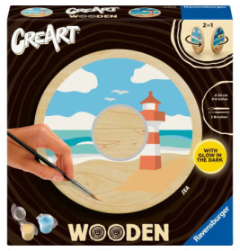 CreArt Malen-nach-Zahlen-Set aus Holz mit Strand, Leuchtturm, Meer sowie Pinseln und Farben.