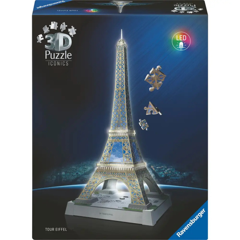 Ravensburger 3D-Puzzle der Eiffelturm mit LED, Verpackung und Puzzleteilen neben dem fertigen Modell. Ravensburger 3D-Puzzle der Eiffelturm mit LED, Verpackung und Puzzleteilen neben dem fertigen Modell.