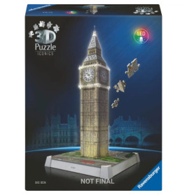 3D-Puzzlebox von Big Ben mit leuchtenden LEDs und schwebenden Puzzleteilen vor dunkelblauem Hintergrund.