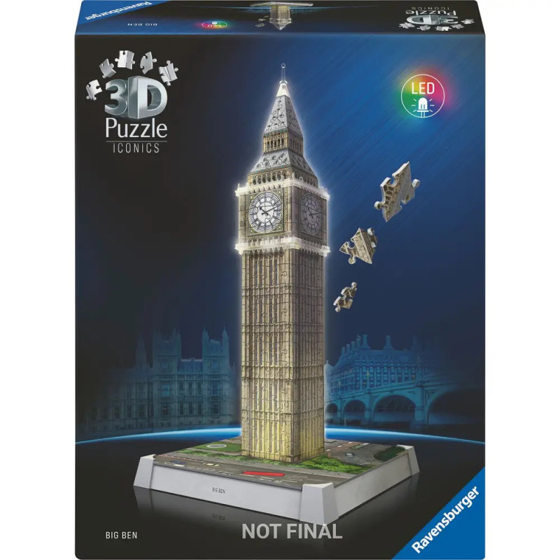 3D-Puzzlebox von Big Ben mit leuchtenden LEDs und schwebenden Puzzleteilen vor dunkelblauem Hintergrund.