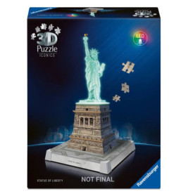 3D-Puzzlebox mit Freiheitsstatue, leuchtenden LED-Lichtern und schwebenden Puzzleteilen.