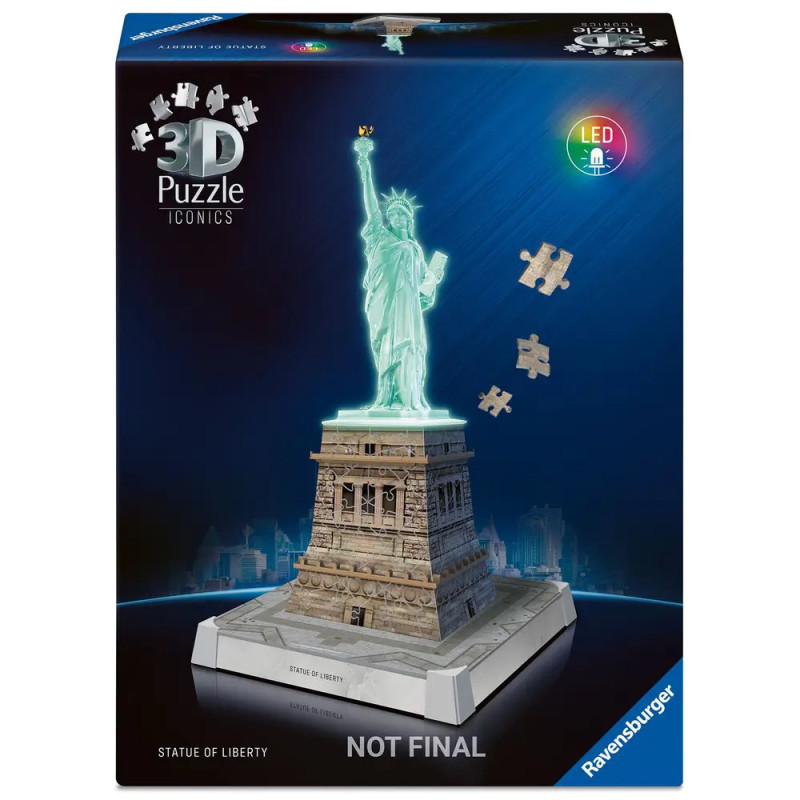3D-Puzzlebox mit Freiheitsstatue, leuchtenden LED-Lichtern und schwebenden Puzzleteilen.