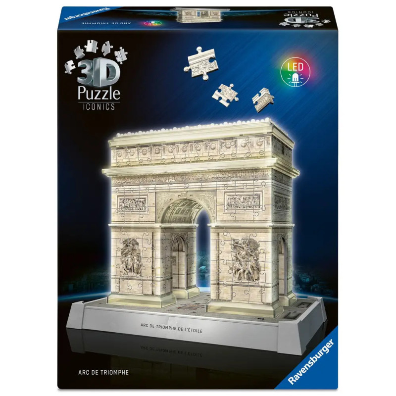 Ravensburger 3D-LED-Puzzlebox mit dem Arc de Triomphe, dessen Kanten beleuchtet sind.