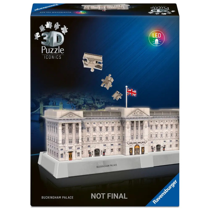 Ravensburger 3D-Puzzle-Box Buckingham Palace mit LED-Lichtern, zeigt fertiges Modell und Einzelteile.
