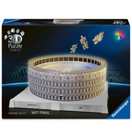 Ravensburger 3D-Puzzlebox mit Motiv des Kolosseums und einigen schwebenden Puzzleteilen darüber.