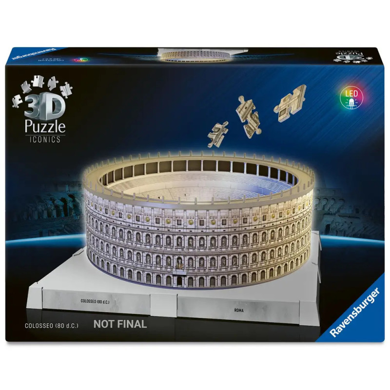 Ravensburger 3D-Puzzlebox mit Motiv des Kolosseums und einigen schwebenden Puzzleteilen darüber.