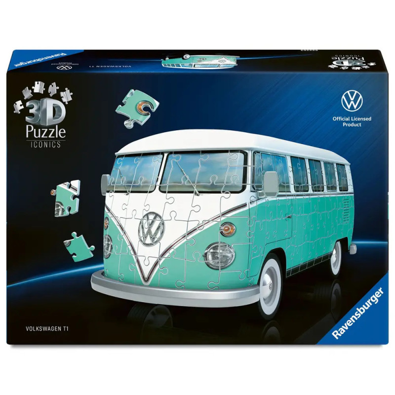 Box eines 3D-Puzzles mit blau-weißem Volkswagen T1 Bus von Ravensburger.