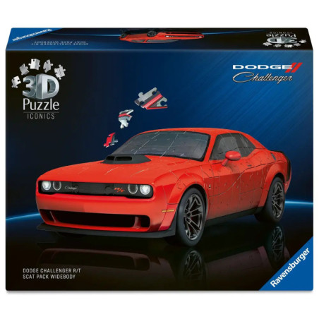 3D-Puzzlebox von Ravensburger mit einem roten Dodge-Challenger-Automodell.