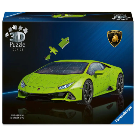 Schachtel eines Ravensburger 3D-Puzzles mit einem grünen Lamborghini Huracán EVO Sportwagen.