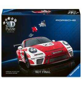 Ravensburger 3D-Puzzle-Box mit einem roten und weißen Porsche 911 GT3 Cup Rennwagen auf dem Titelbild.
