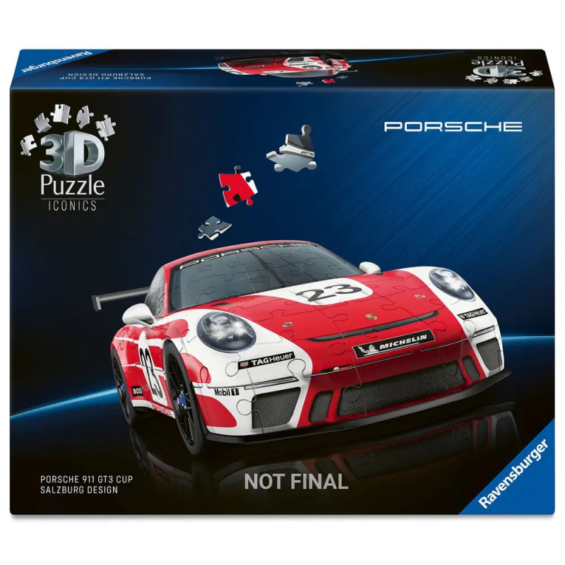 Ravensburger 3D-Puzzle-Box mit einem roten und weißen Porsche 911 GT3 Cup Rennwagen auf dem Titelbild.