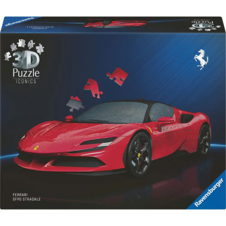 Box eines Ravensburger 3D-Puzzles mit rotem Ferrari SF90 Stradale Sportwagen auf der Vorderseite.