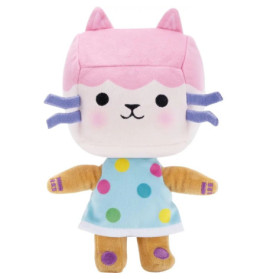 Plüschkatze mit rosa Kopf, blauem Kleid mit Punkten und lila Schnurrhaaren steht aufrecht.