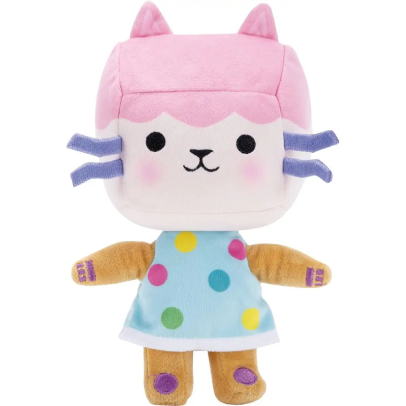 Plüschkatze mit rosa Kopf, blauem Kleid mit Punkten und lila Schnurrhaaren steht aufrecht.