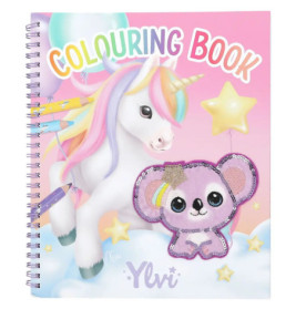 Spiralblock-Malbuch mit Einhorn, pastellfarbenen Ballons und einem lila Koala mit Pailletten auf dem Cover.