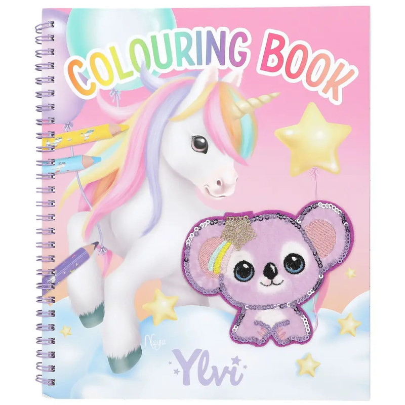 Spiralblock-Malbuch mit Einhorn, pastellfarbenen Ballons und einem lila Koala mit Pailletten auf dem Cover.