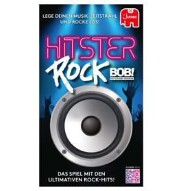 Spielschachtel mit großem Lautsprecher, Neon-Schriftzug Hitster Rock und jubelnden Hand-Silhouetten.
